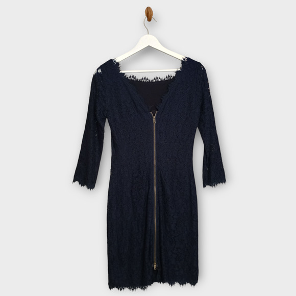 Diane Von Furstenberg Dress Womens Size 2 Navy Blue Zarita Lace Floral Sheath - Picture 2 of 15